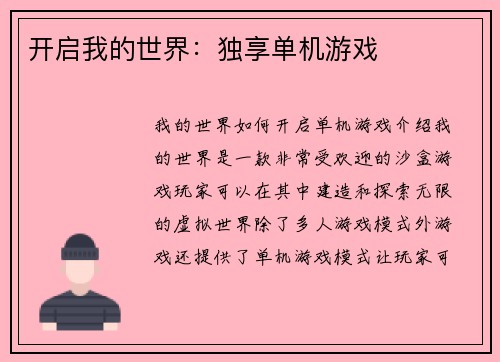 开启我的世界：独享单机游戏